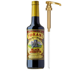 Botella Torani Black Anisette vista frontal con bomba y etiqueta clara