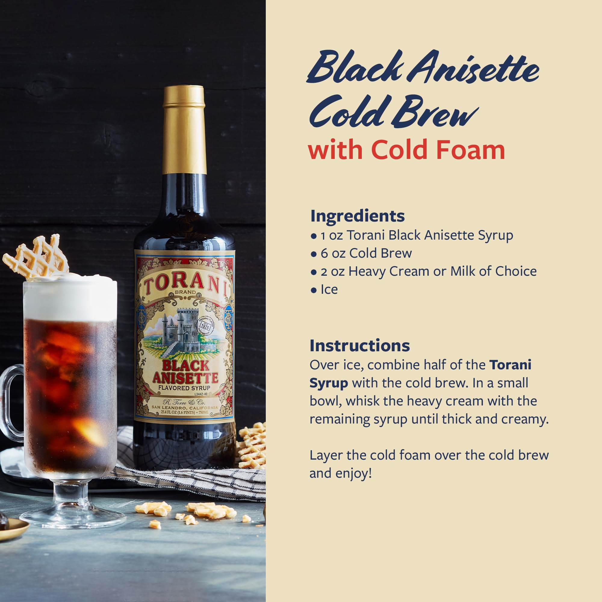 Primer plano de la etiqueta Torani Black Anisette indicando sabor centenario