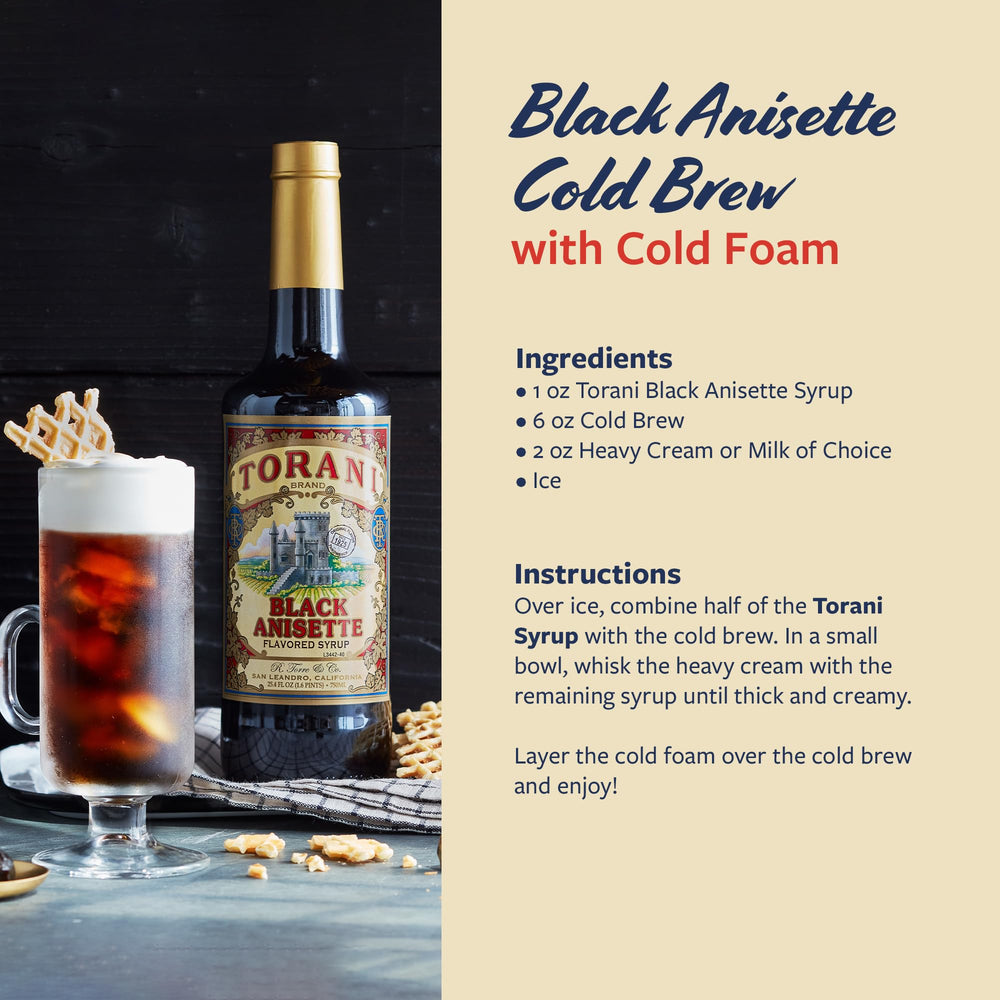 Primer plano de la etiqueta Torani Black Anisette indicando sabor centenario