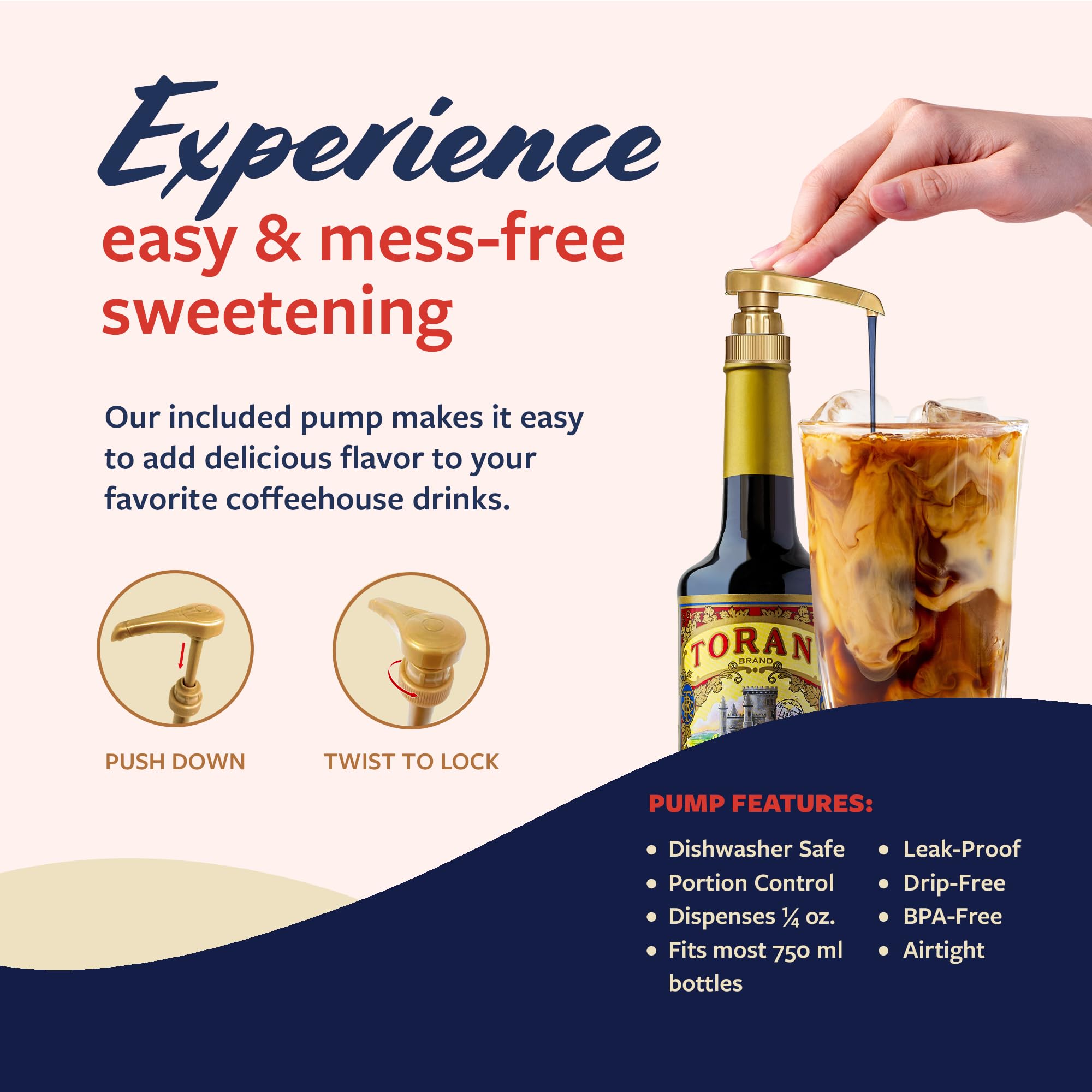 Botella Torani Black Anisette junto a una taza para mostrar tamaño 750 ml