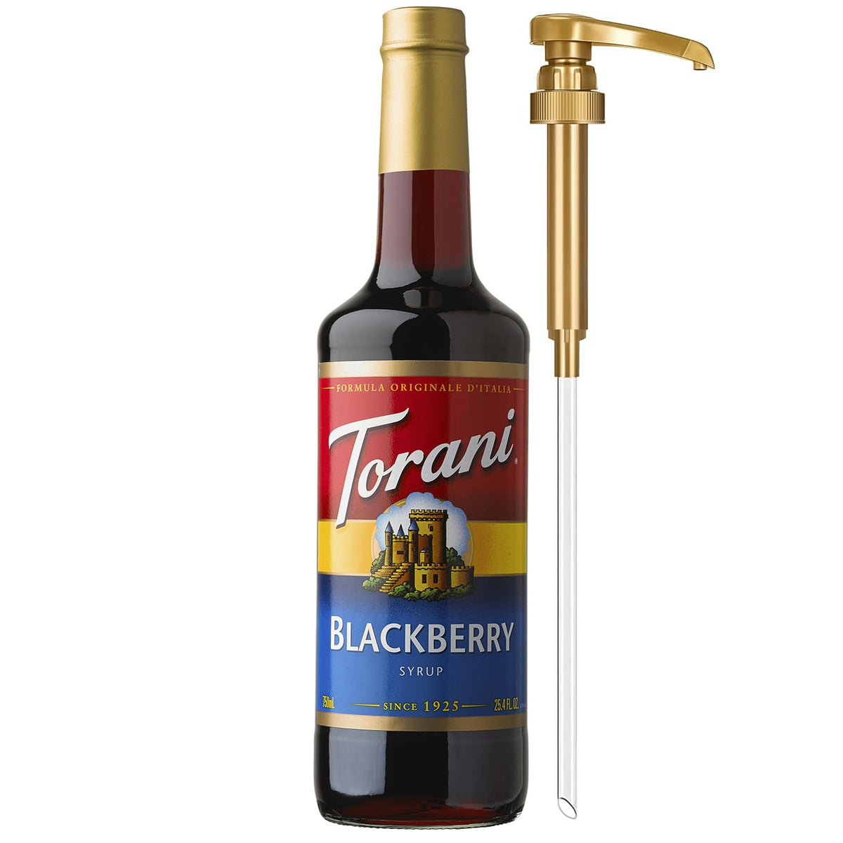 Torani botella blackberry vista frontal con bomba, presentación clara y atractiva