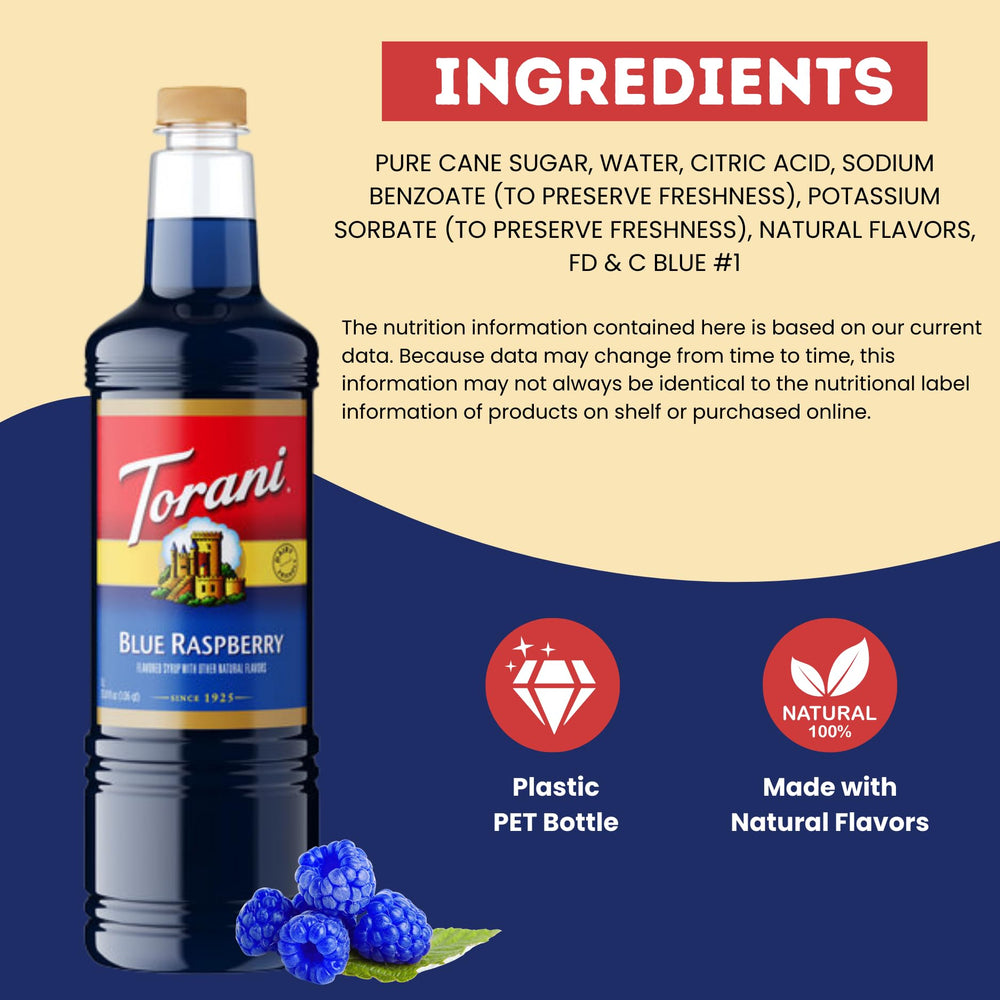 Torani jarabe vertido sobre granizado azul, ideal para fiestas y postres