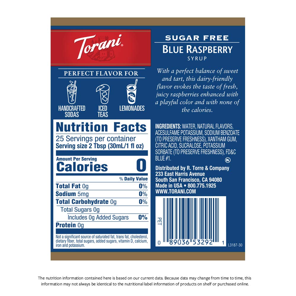 Torani etiqueta legible con sabor blue raspberry y beneficios visuales
