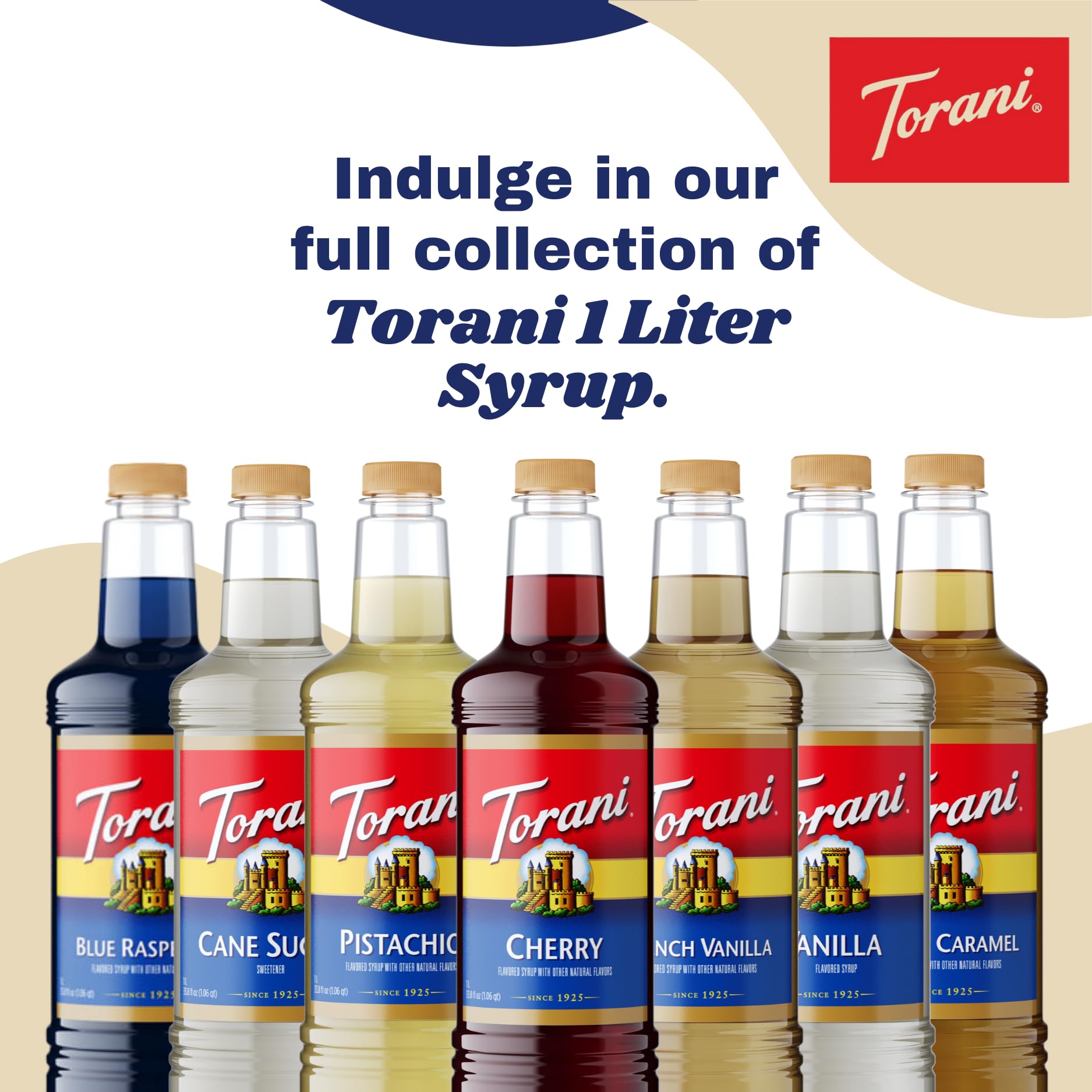 Torani etiqueta con nombre y lista de ingredientes, garantía de calidad