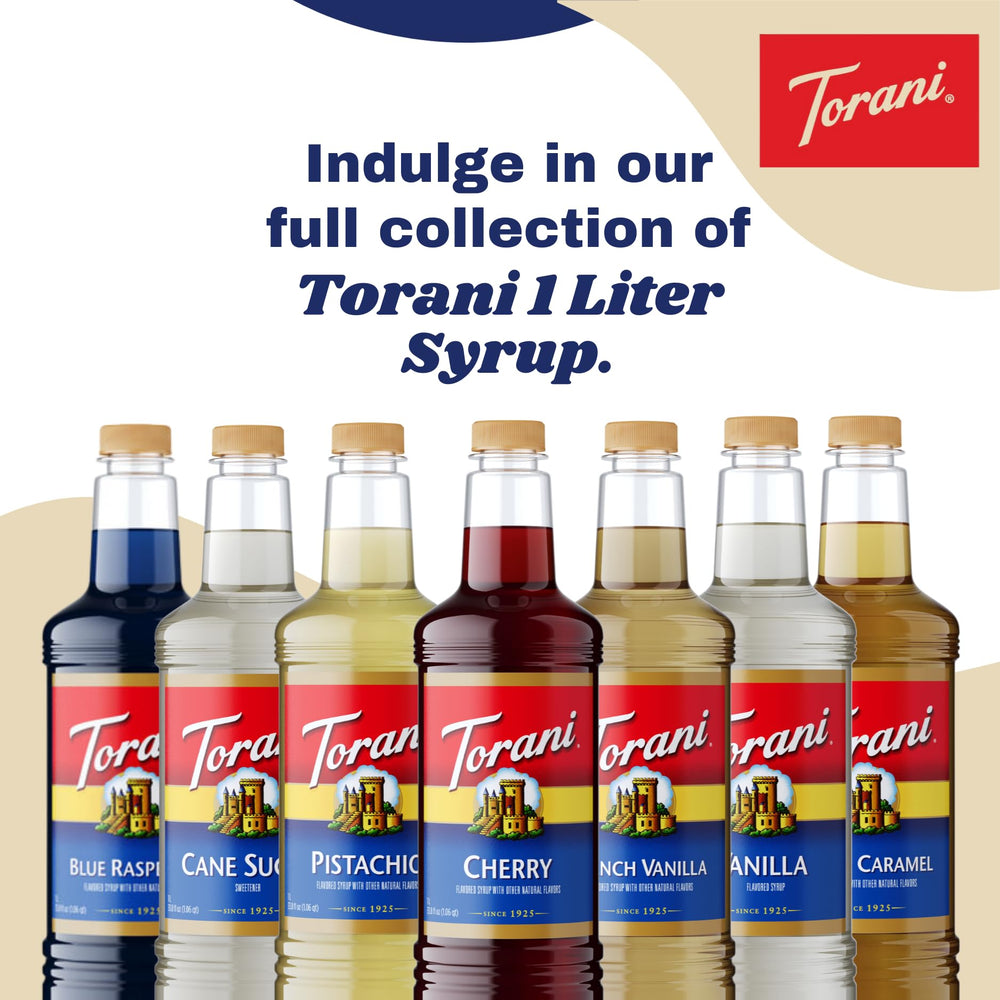 Torani etiqueta con nombre y lista de ingredientes, garantía de calidad