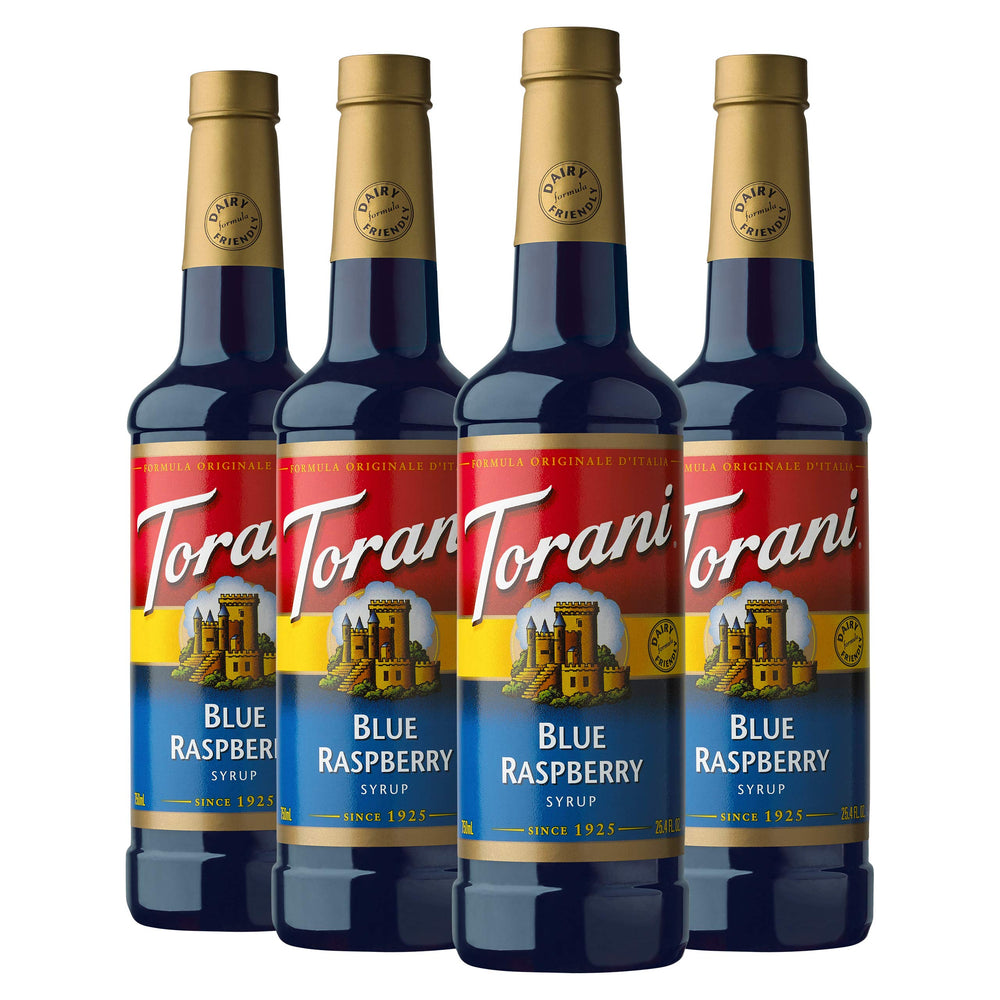 Torani botella frontal con color azul vibrante y atractivo