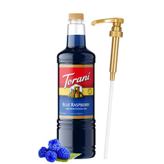 Torani botella frontal mostrando jarabe azul y volumen, aporta color llamativo