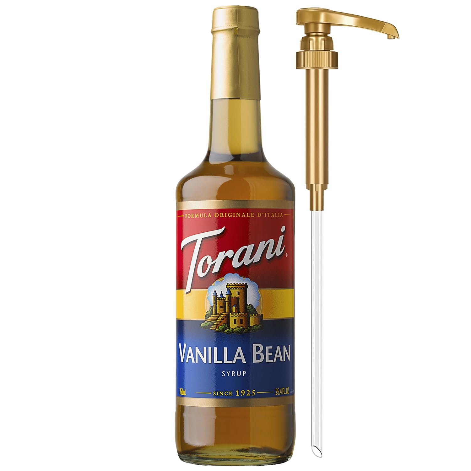 Torani botella frontal 750 ml mostrando marca y capacidad, fácil de identificar