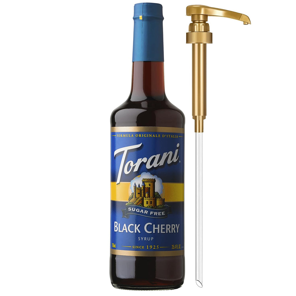Torani botella frontal de vidrio con pump mostrando presentación práctica