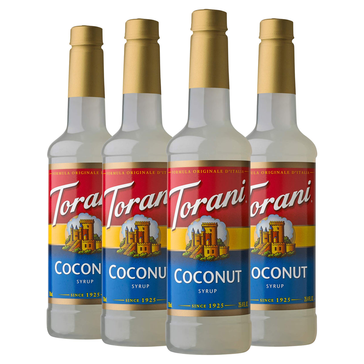Torani botella frontal de coconut con etiqueta visible y uso fácil