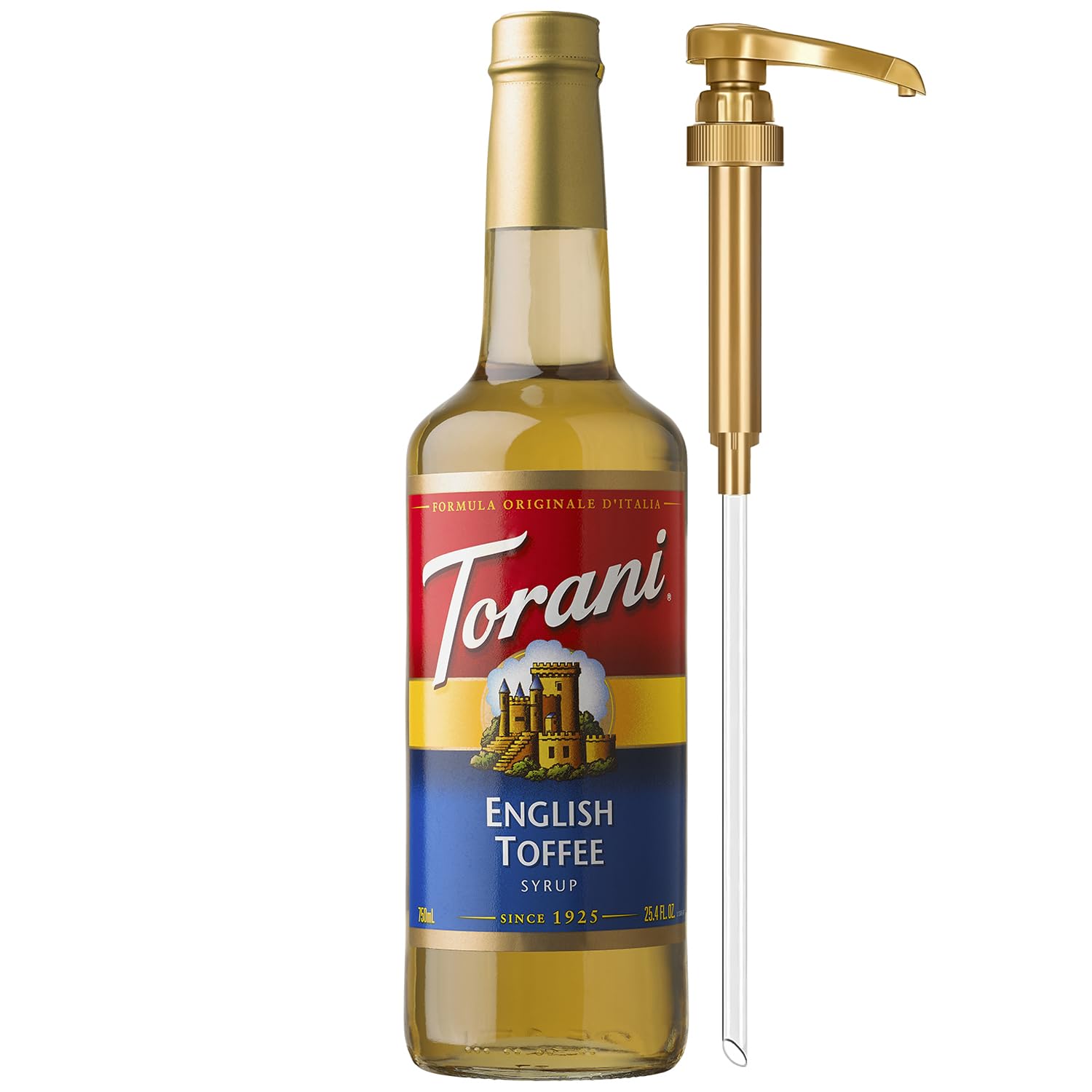 Torani botella frontal English Toffee mostrando presentación clara y beneficio práctico