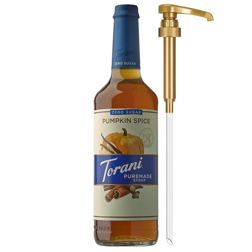 Torani botella frontal Pumpkin Spice mostrando marca y bomba, añade sabor sin azúcar