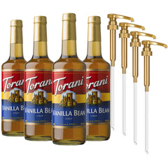 Torani botella frontal de vainilla mostrando la presentación de 750 ml y beneficio de durabilidad