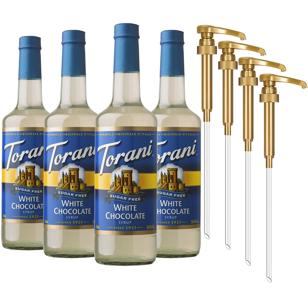Torani botella frontal chocolate blanco, muestra botella y lectura fácil