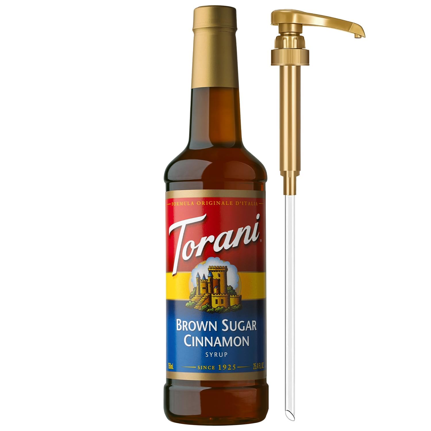 Torani botella frente mostrando etiqueta clara y capacidad 750 ml