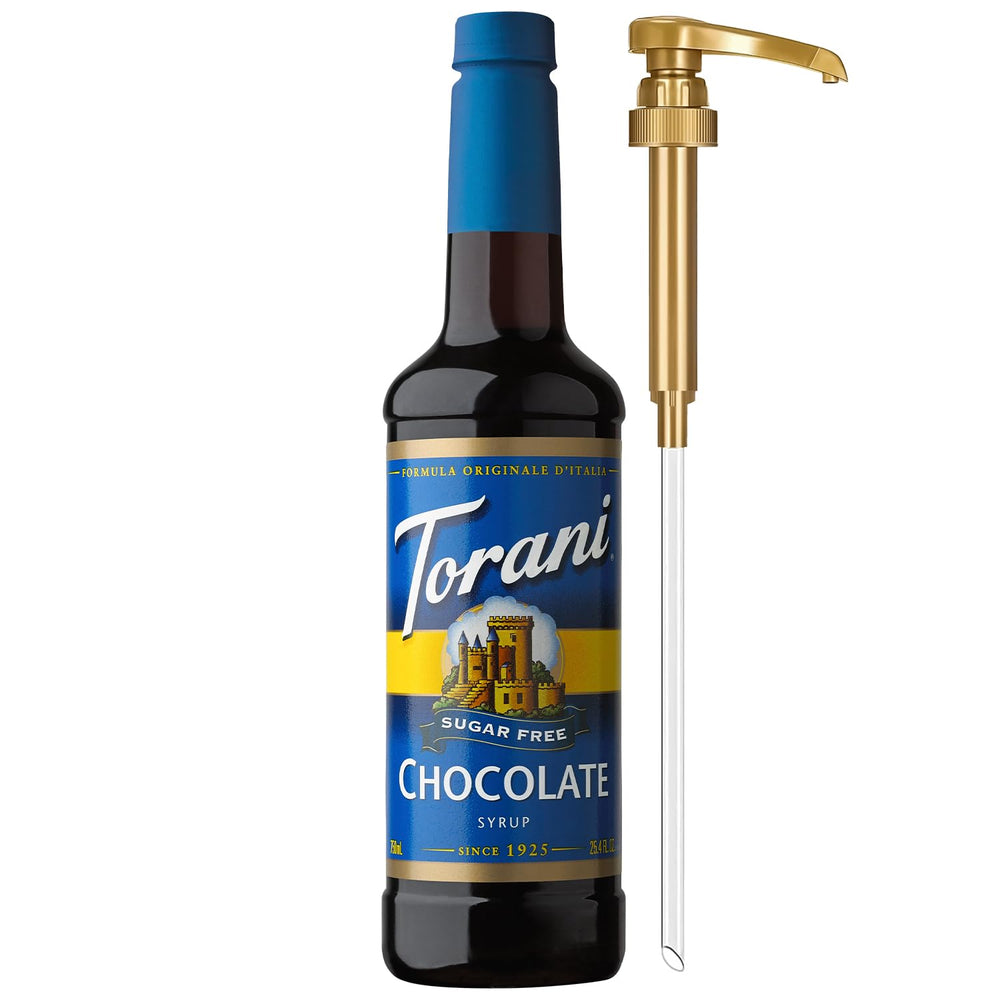 Torani jarabe chocolate frente de la botella con diseño claro y práctico