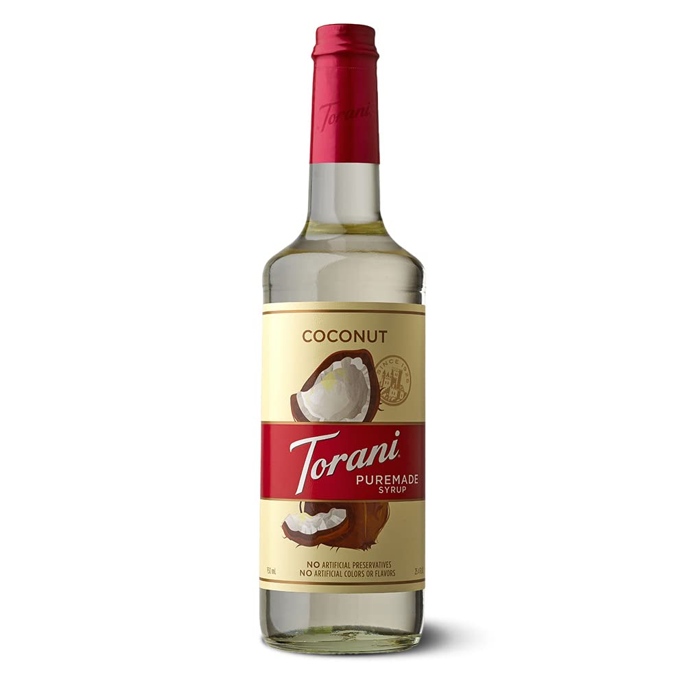 Torani botella frontal de coconut mostrando etiqueta clara y beneficios naturales