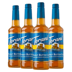 Torani botella frontal Peanut Butter Cup muestra etiqueta y tamaño práctico