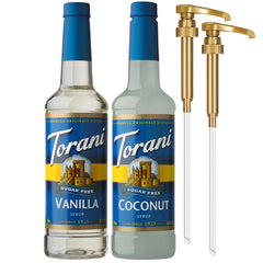 Torani pack frontal con botellas coco y vainilla mostrando presentación clara y volumen