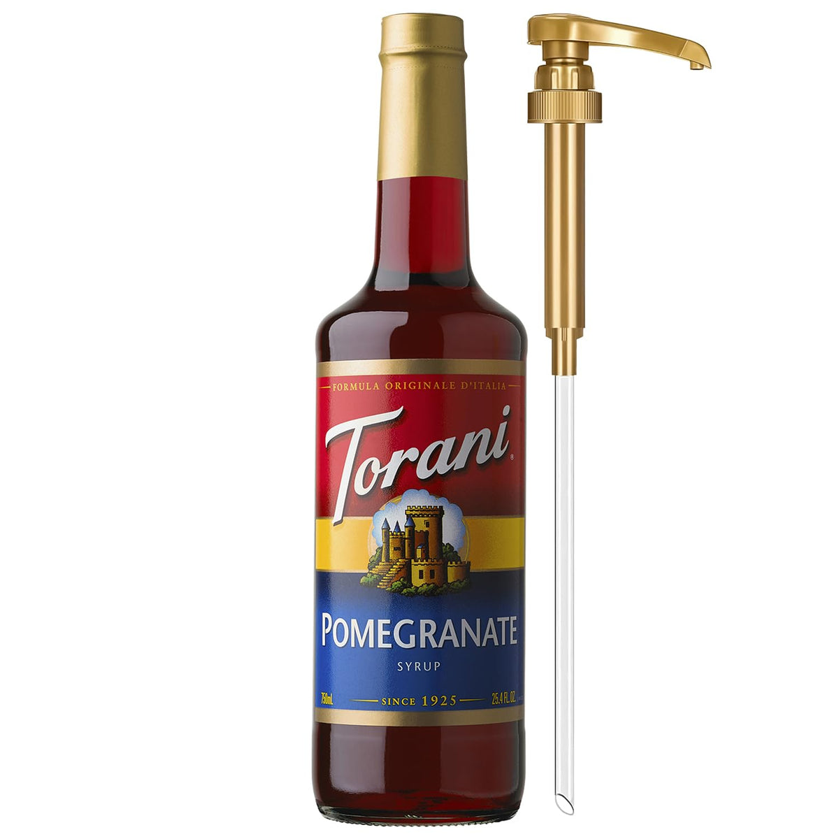 Torani botella frente mostrando jarabe de granada y etiqueta clara