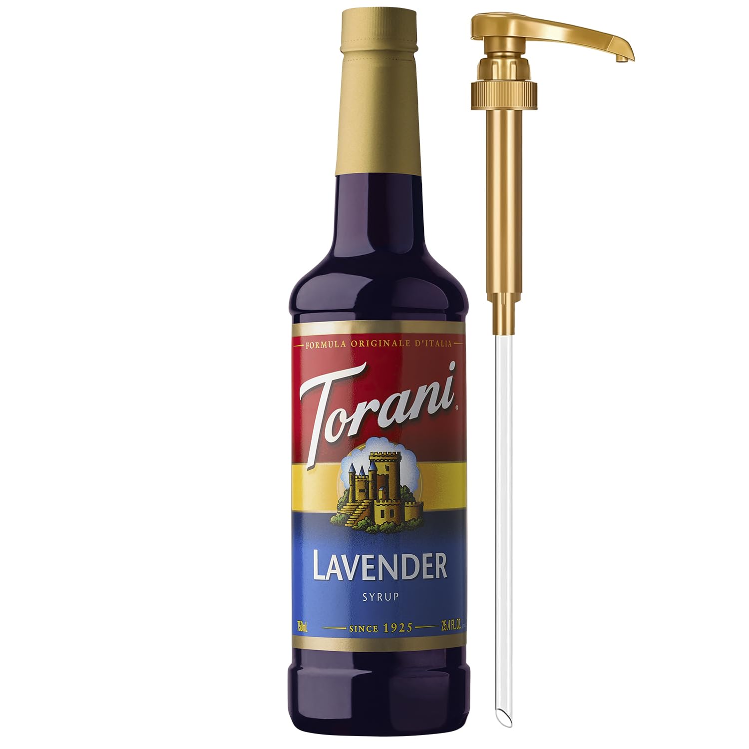 Torani lavanda frente de la botella mostrando la etiqueta y uso práctico