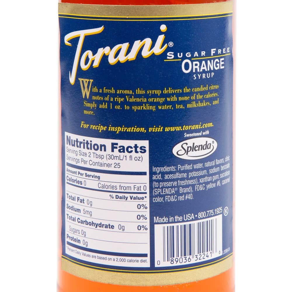 Torani etiqueta naranja detallada, identificación clara y beneficios
