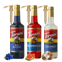 Torani pack frontal mostrando tres botellas para variedad inmediata