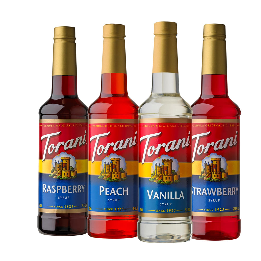 Torani paquete Soda Shop frente mostrando las cuatro botellas y beneficio versátil