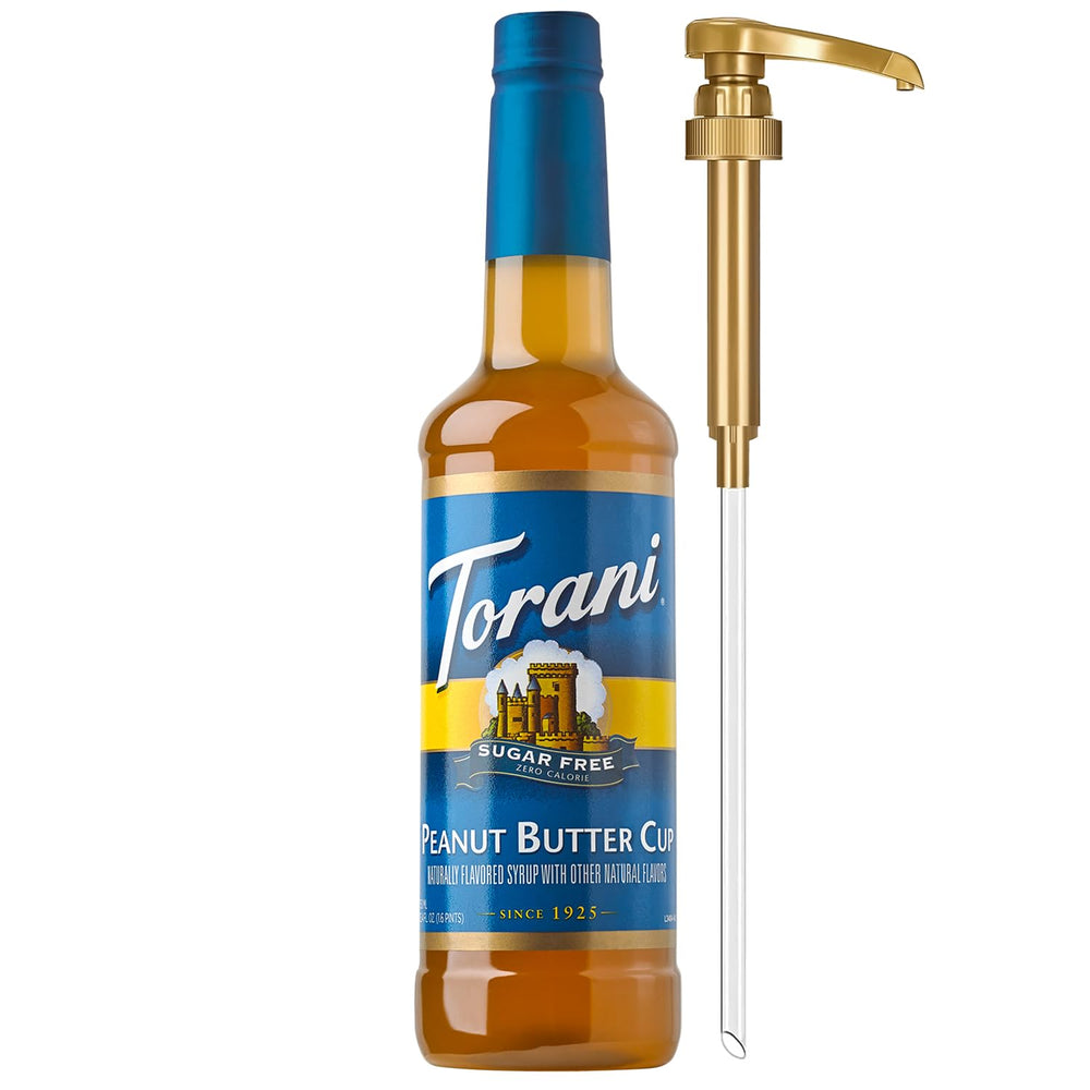 Torani botella frontal mostrando diseño y tamaño, sabor peanut butter cup y uso práctico