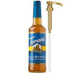 Torani botella frontal mostrando diseño y tamaño, sabor peanut butter cup y uso práctico