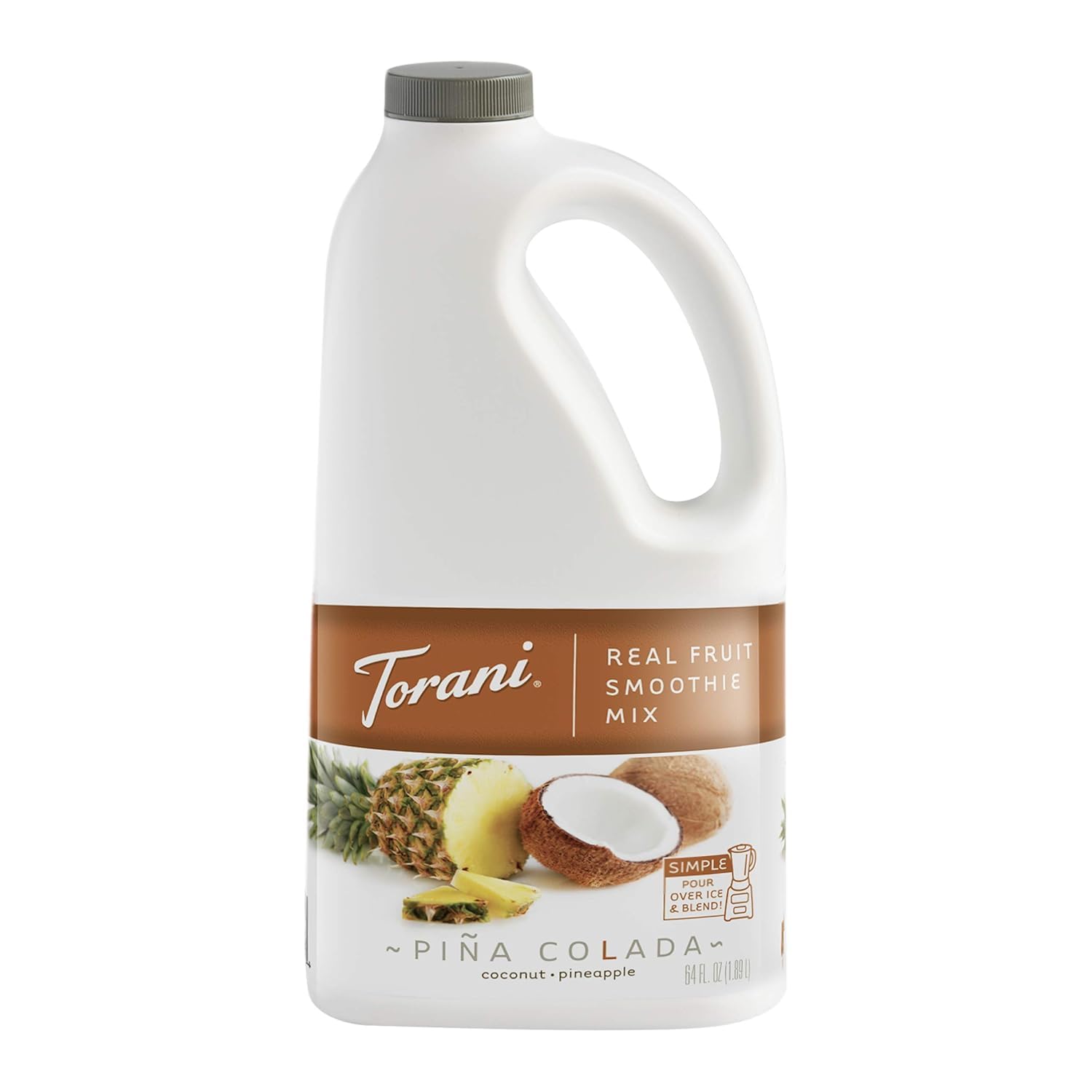 Torani envase frontal 64 fl oz mostrando sabor piña colada y uso versátil
