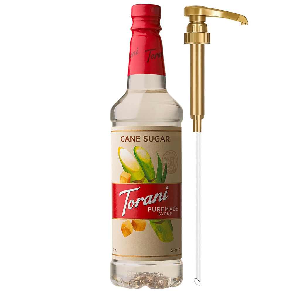 Torani botella frente mostrando la marca y dosificador para uso rápido