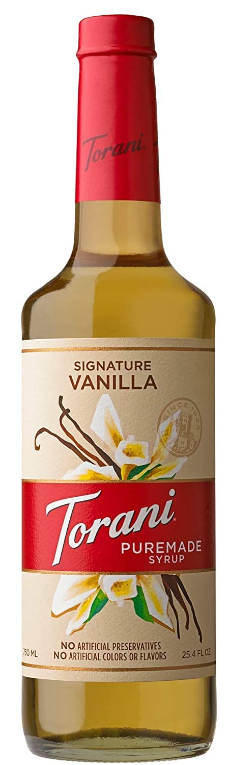 Torani Puremade botella frontal mostrando etiqueta y capacidad, ideal para saborizar bebidas