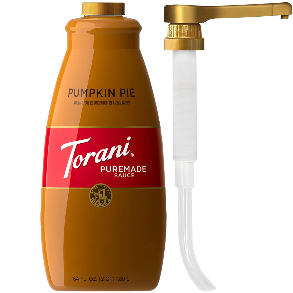 Botella Torani Puremade Pumpkin Pie Sauce al frente, ideal para cafeterías