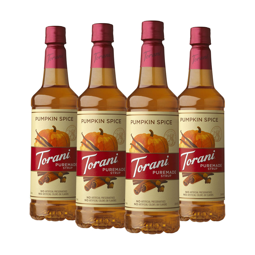 Torani Puremade Pumpkin Spice vista frontal mostrando etiqueta clara y calidad
