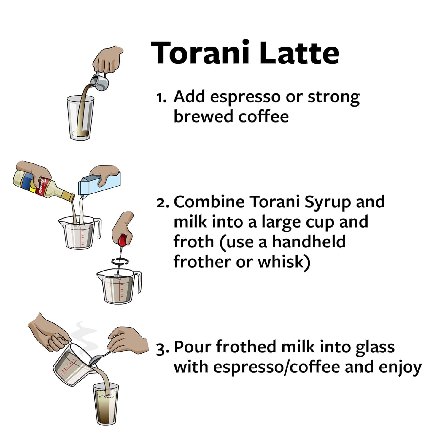 Torani vertido en latte espumoso para sabor realzado, beneficio: mejora bebidas