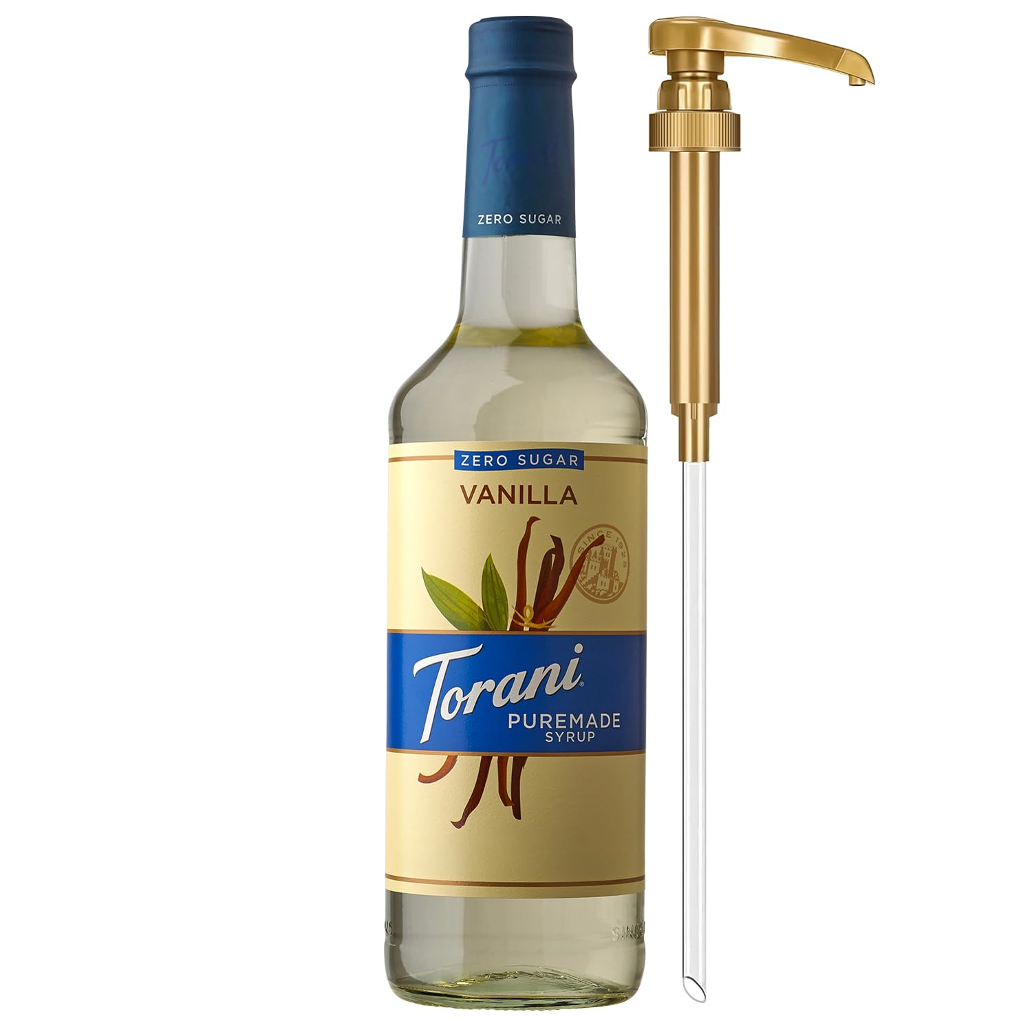 Torani botella frontal mostrando diseño y volumen, mejora presentación