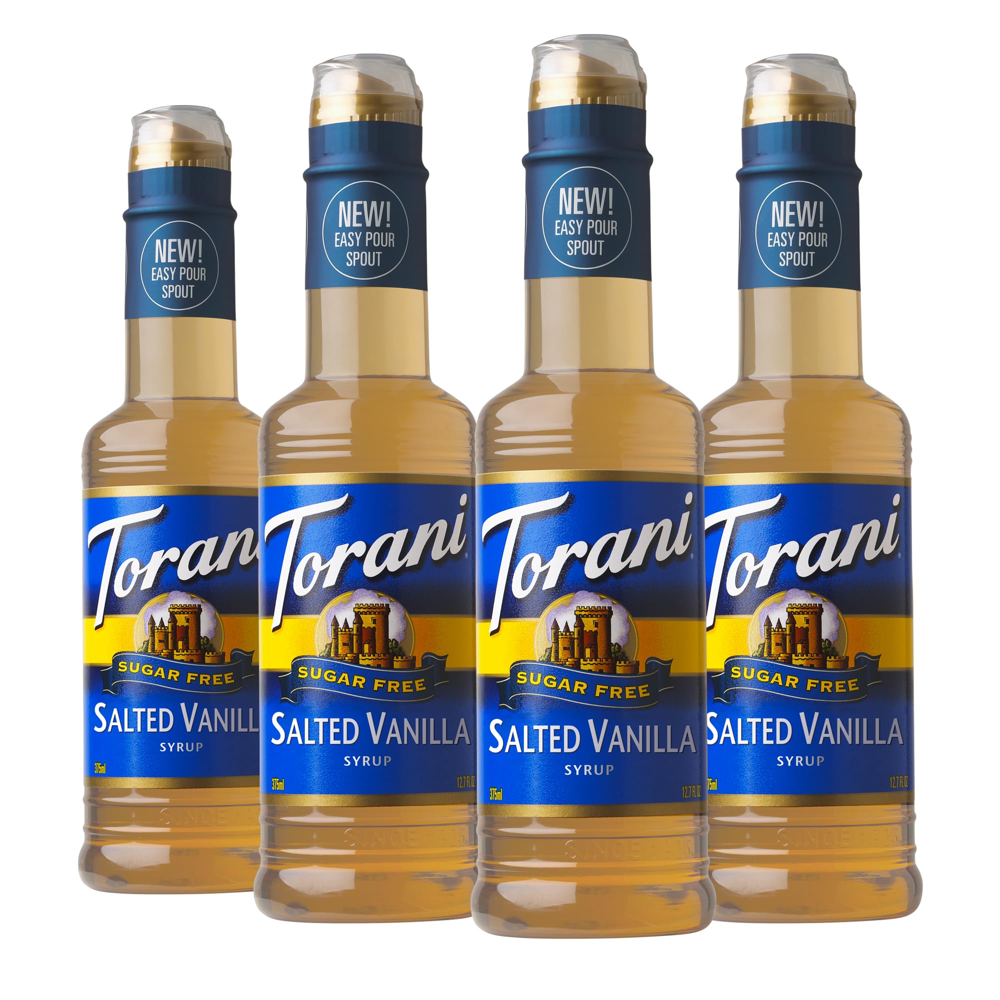 Torani botella frontal mostrando etiqueta Salted Vanilla y beneficio de sabor sin azúcar