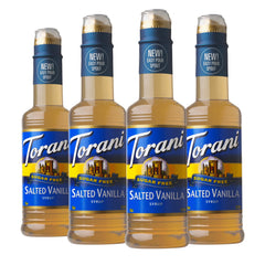 Torani botella frontal mostrando etiqueta Salted Vanilla y beneficio de sabor sin azúcar