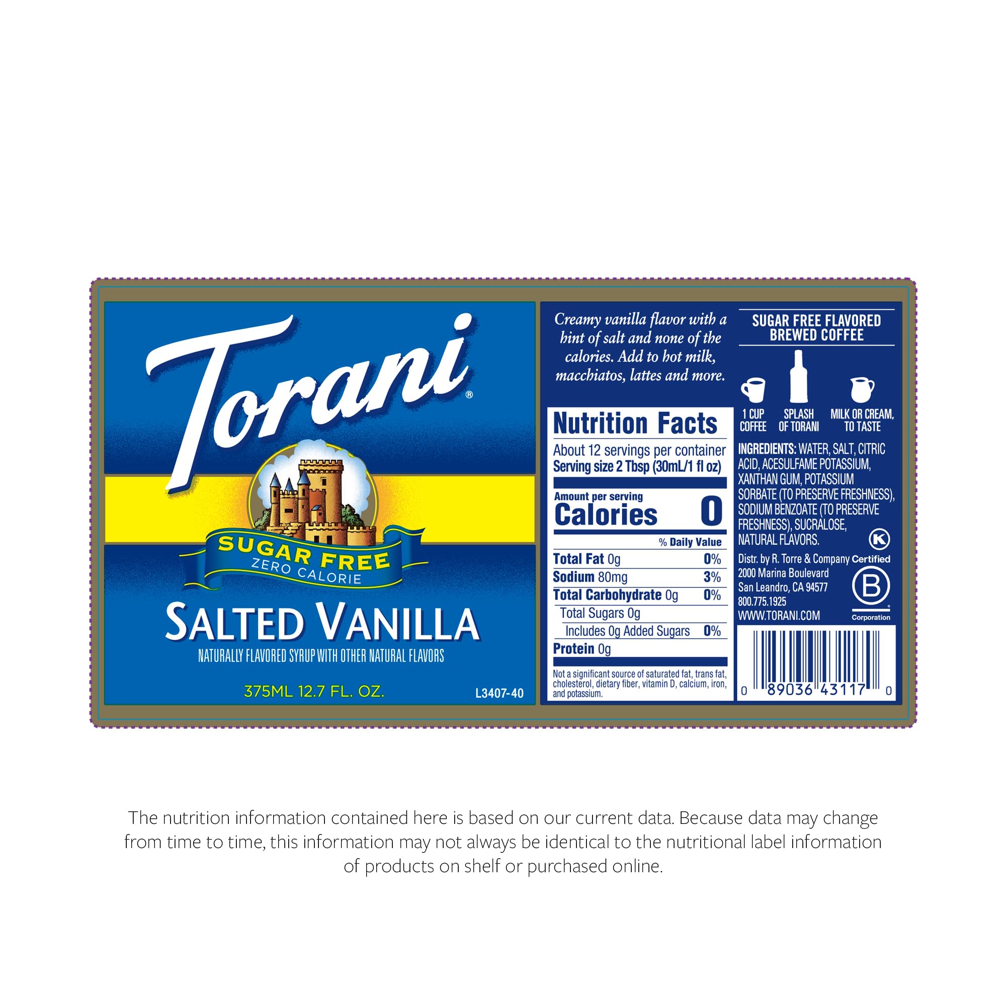 Torani vertiendo sirope Salted Vanilla en café para aroma y dulce sin azúcar