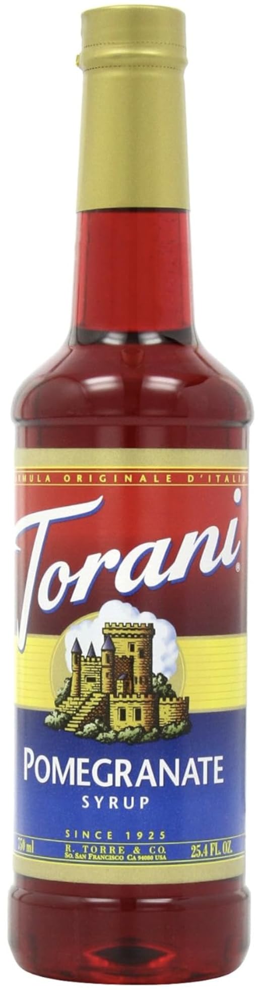 Torani sirope granada botella frontal color rojo intenso y uso versátil