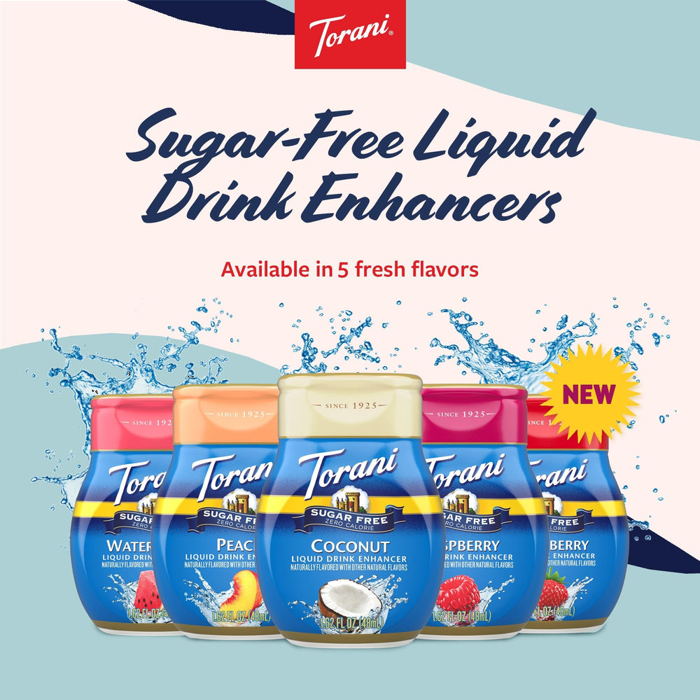 Torani etiqueta nutricional close-up, información sin azúcar ni calorías