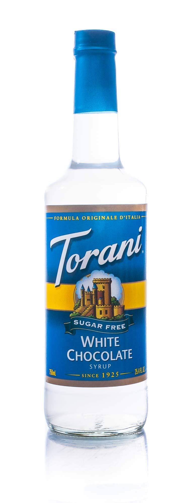 Torani botella vista frontal mostrando etiqueta y tamaño, conveniente para uso diario