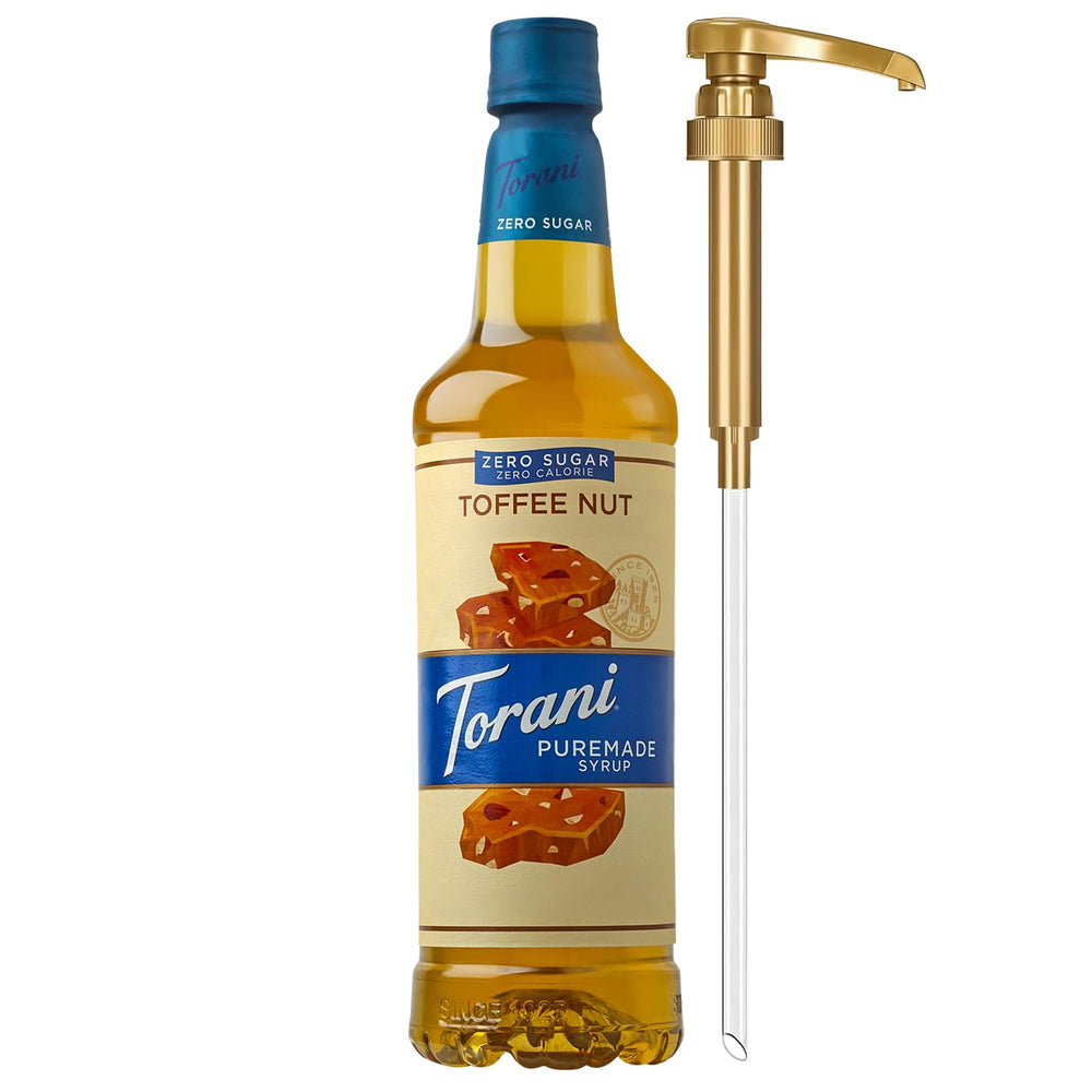 Torani botella frontal que muestra sabor toffee nut y uso fácil