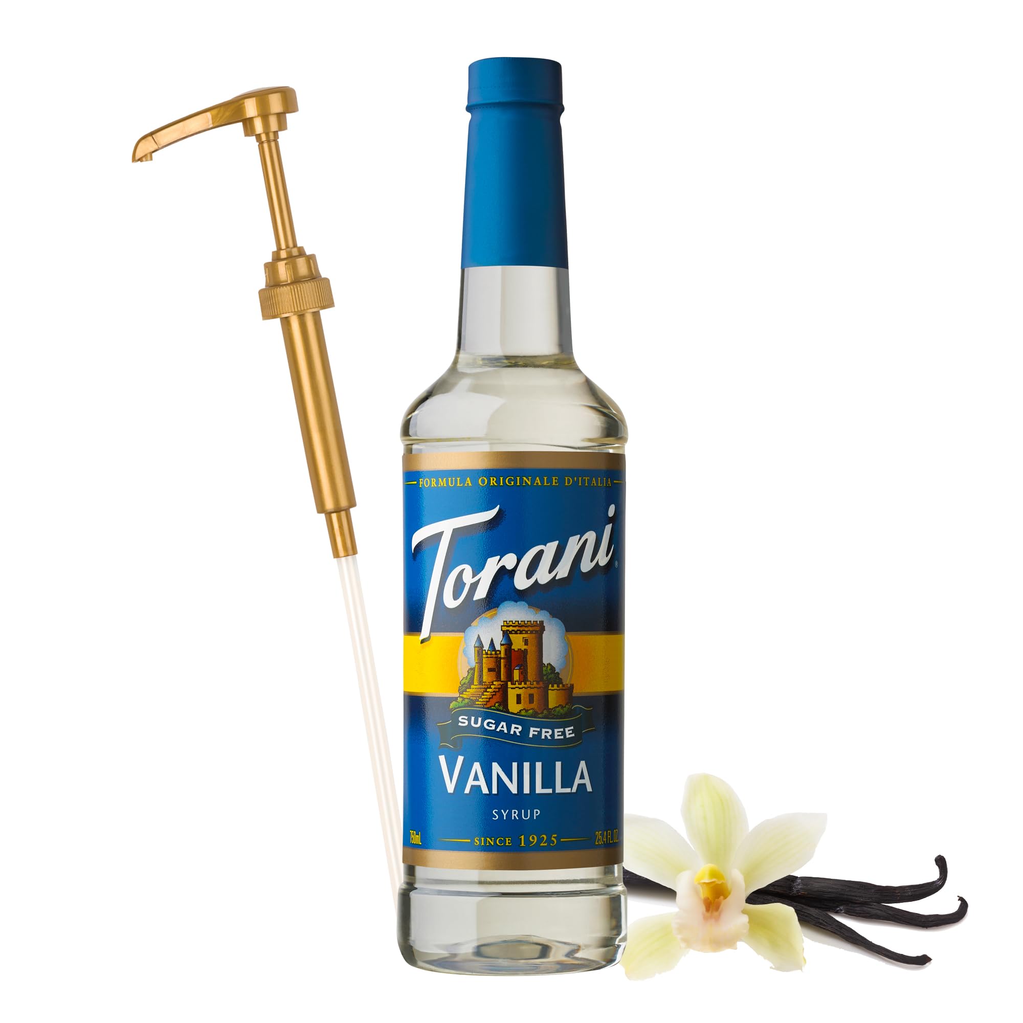 Torani etiqueta con información de vainilla y ingredientes naturales