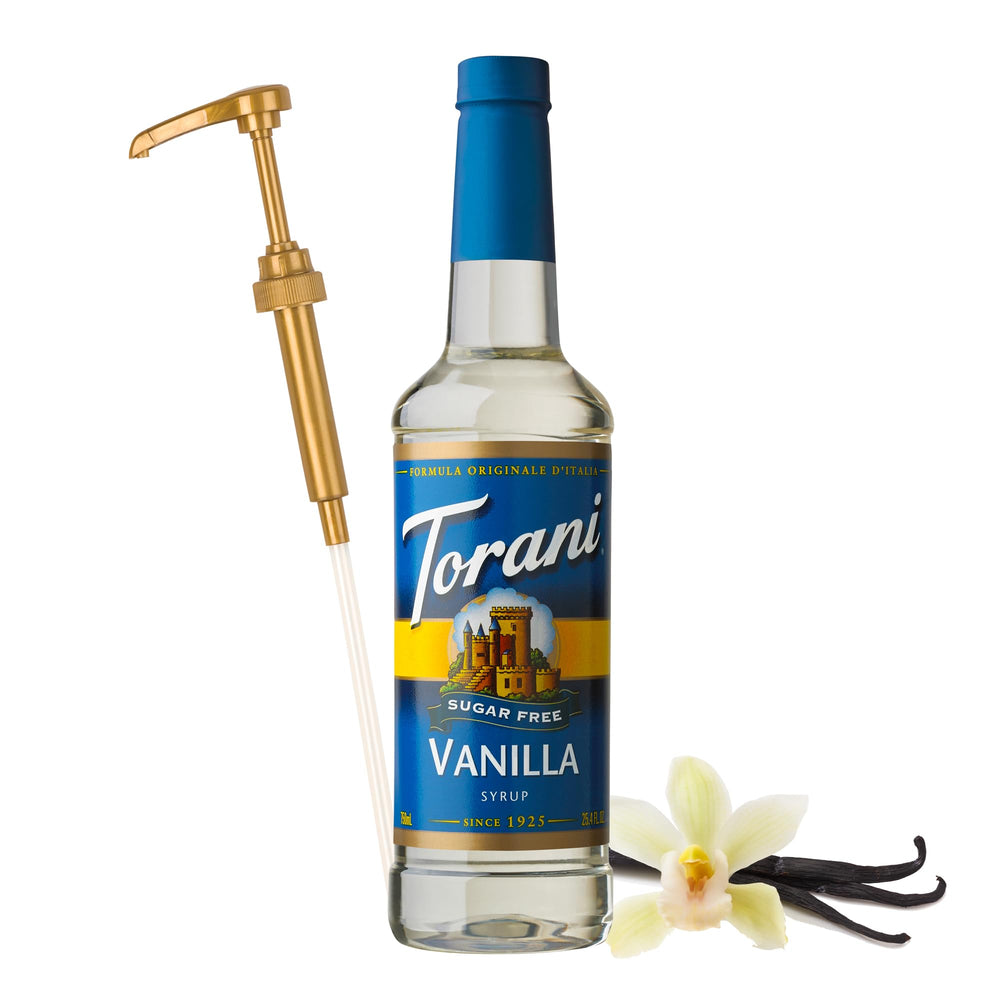 Torani etiqueta con información de vainilla y ingredientes naturales