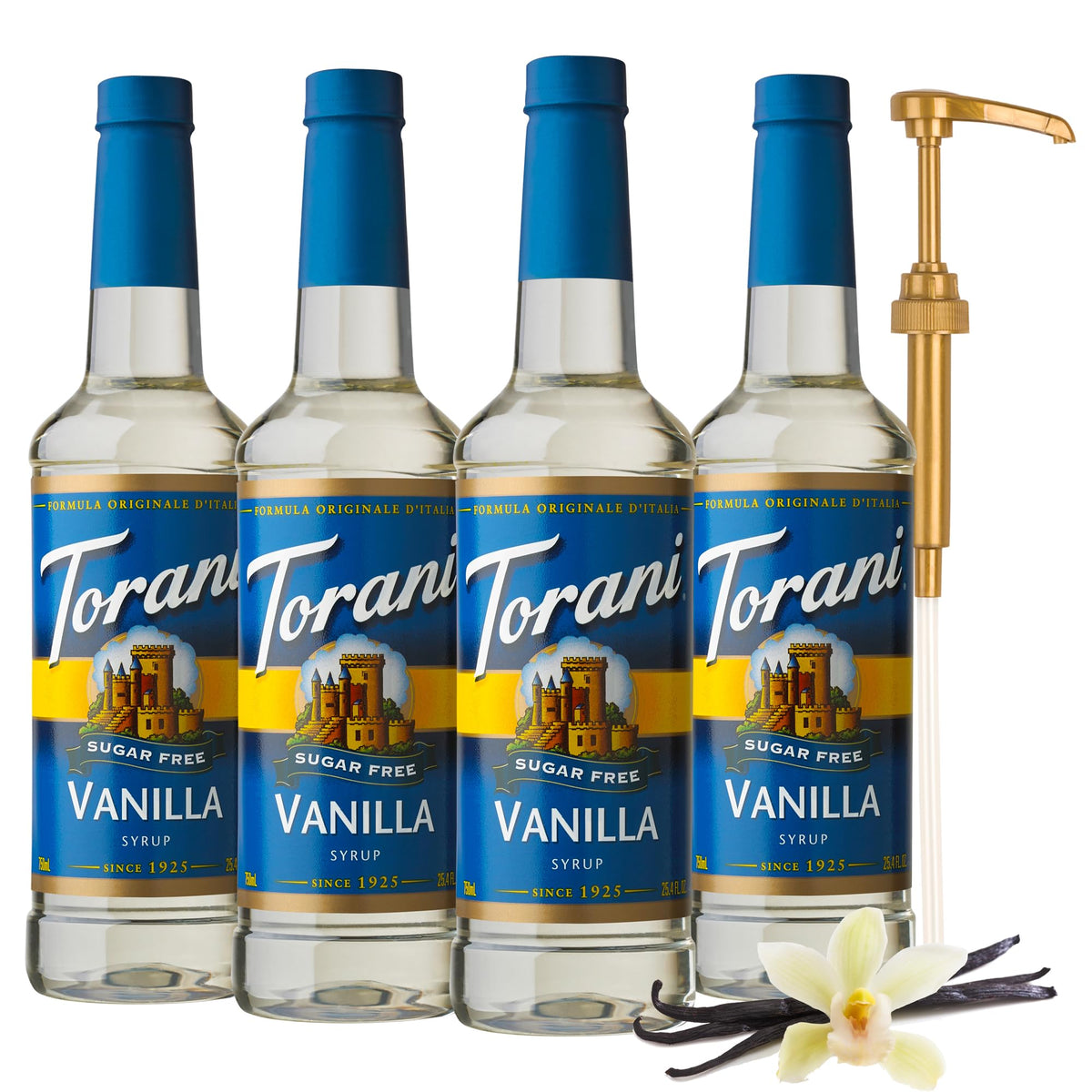 Torani botella frontal pack de 4 mostrando el envase práctico y ahorro
