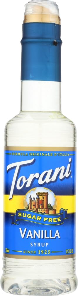 Torani botella frontal del pack de 4 mostrando etiqueta clara y tamaño práctico