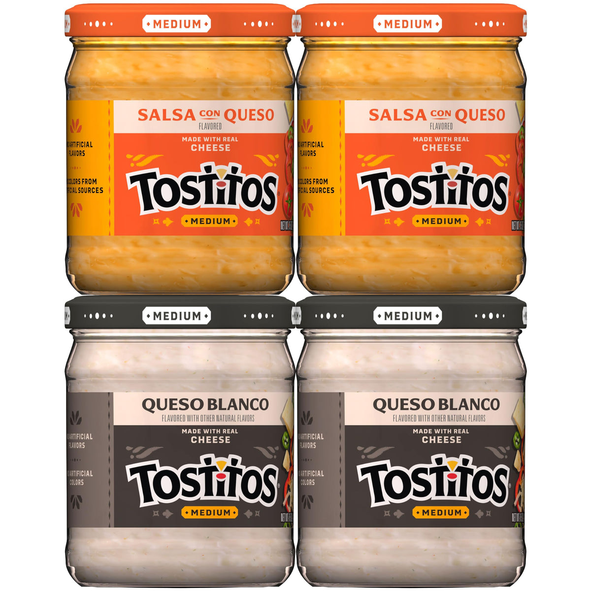 Tostitos frasco Queso Blanco mostrado frontalmente con etiqueta clara y sabor cremoso