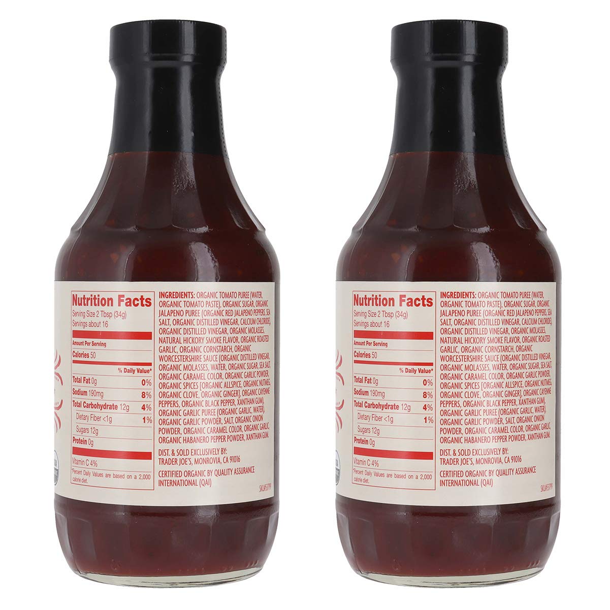 Trader Joe's roasted garlic BBQ frontal con etiqueta y color oscuro